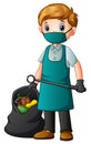 A male cleaner holding tongs and garbage bag