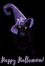 Happy Halloween greeting card. Witch black cat