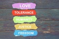 Love, tolerance, humanity, justice, freedom