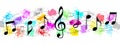 Black Music Notes in Colorful Spatters and Splashes Banner Background Royalty Free Stock Photo