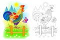 Illustration of cute rooster at sunrise. Colorful and black and white page for coloring book for kids. Domestic farm animal cock. Royalty Free Stock Photo