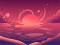 Sunset beach nature landscape flat illustration of sun, moon and planets with clouds on the twilight. Magic place with stars and b