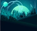 Full moon being absorbed into the fog of other planets. Forest under a planet and northern lights. Flat illustration of a landcape