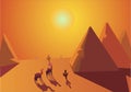 Sahara desert, Cairo, Egypt illustration of a hot landscape. Camels and pyramids traveling under sunlight and dry weather.