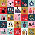 Advent calendar with christmas decorations and christmas trees