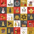 Advent calendar with christmas gold characters and elements