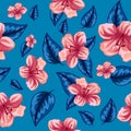 Seamless pattern of tropical pink flowers and leaves. Hibiscus and palm tree pink and blue vector for printing. Royalty Free Stock Photo