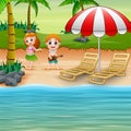 Boy playing guitar and hawaiian girl hula dancing at the seaside Royalty Free Stock Photo