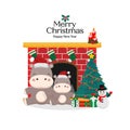 Merry Christmas and Happy New Year card. Cute Hippo in santa hat cartoon. Royalty Free Stock Photo