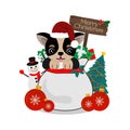 Merry Christmas greeting card. Puppy on gift bag. Royalty Free Stock Photo