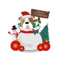 Merry Christmas greeting card. Puppy on gift bag. Royalty Free Stock Photo