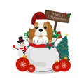 Merry Christmas greeting card. Puppy on gift bag. Royalty Free Stock Photo