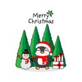 Merry Christmas Greeting Card. Penguin,  snowman, gift box and Christmas tree. Royalty Free Stock Photo