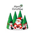 Merry Christmas Greeting Card.Santa holding gift box.