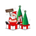 Merry Christmas Greeting Card. Santa Claus sitting on a gift box.