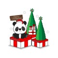 Merry Christmas Greeting Card. Little Panda sitting on a gift box.