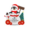 Merry Christmas greeting card. Little Penguin on gift bag.