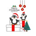 Merry Christmas Greeting Card. Penguins sitting on a gift box.