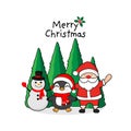 Merry Christmas Greeting Card. Penguin, snowman and Santa claus.