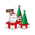 Merry Christmas Greeting Card. Cute cats sitting on a gift box.