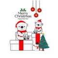 Merry Christmas Greeting Card. Little Polar Bears sitting on a gift box.