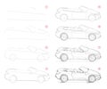 How to draw step-wise imaginary fashionable convertible car. Creation step by step pencil drawing. Educational page.