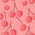 Cherries and half cut fruits in a seamless pattern with pink living coral background and red splash.