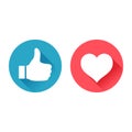 Like and love circle social media button set.