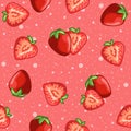 Pink red seamless pattern of strawberries and fruit slices. Tropical and exotic berries for summer season, vitamin C and nutrition