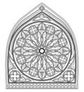 Beautiful Gothic stained glass window with rose. Medieval architecture in western Europe. Black and white fantasy drawing.