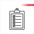 Clipboard with checklist and checkmarks thin line vector icon.