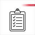 Clipboard with checklist and checkmarks thin line vector icon.