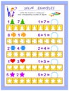 Educational page for children on addition. Solve examples, write the answers in circles and color corresponding number of objects.