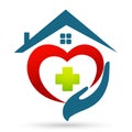 Family Medical home house hand care red heart happiness wellness love clinic protect people life care healthy heart logo design Royalty Free Stock Photo