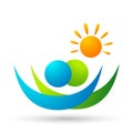Globe world people sun celebrating happiness wellness celebration logo healthy symbol icon element logo design on white background