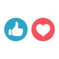 Like and love circle red and blue social media buttons.