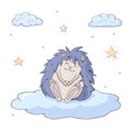 Cute cartoon hedgehog sittiing on a cloud Royalty Free Stock Photo