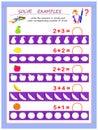 Educational page for children on addition. Solve examples, write the answers in circles and color corresponding number of fruits.