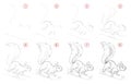 How to draw from nature step by step sketch of cute squirrel. Creation step-wise pencil drawing. Educational page for artists.