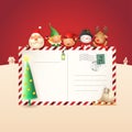 Christmas friends on letter for Santa Claus - template with Santa, Elves girl and boy, Snowman and Reindeer - vector illustration