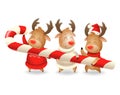 Three Reindeer friends are holding large candy cane - Cute Christmas vector illustration isolated on transparent background