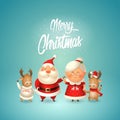 Merry Christmas - Santa Claus his wife Mrs Claus and two Moose celebrate winter holidays - Greeting card vector illustration Royalty Free Stock Photo