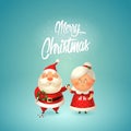 Merry Christmas - Santa with flowers for his wife Mrs Claus - couple in love celebrate winter holidays - vector illustration Royalty Free Stock Photo