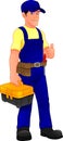 Young mechanic holding tools box and thumb up