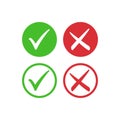 Tick symbol set in red and green circle, checkmark in checkbox vector icons. Royalty Free Stock Photo