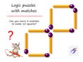 Logical puzzle game with matches for children and adults. Can you move 4 matchsticks to make 10 squares?