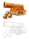 Colorful and black and white pattern for coloring. Fantasy illustration of ancient military cannon and cores for firing.