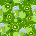 Kiwi slices with leaves and lemonade green juice in a cup with a straw seamless pattern. Illustration of summer exotic fruits Royalty Free Stock Photo