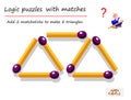 Logical puzzle game with matches for children and adults. Need to add 2 matchsticks to make 8 triangles. Royalty Free Stock Photo