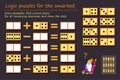 Logic puzzle game for children and adults. Solve examples, find correct place for all remaining dominoes and draw the dots. Royalty Free Stock Photo